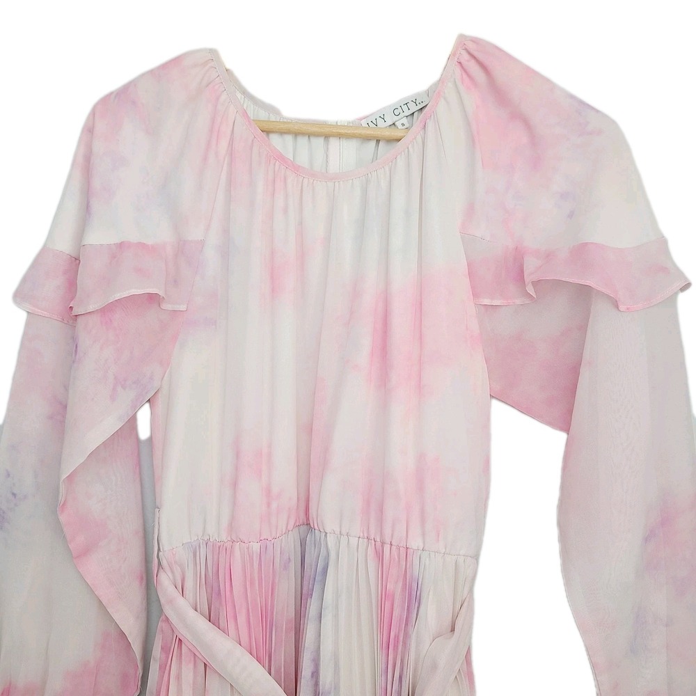 Ivy City Co Lovers Dress S Pink White Chiffon Pleated‎ Long Sleeve Ruffle Midi - Picture 4 of 11